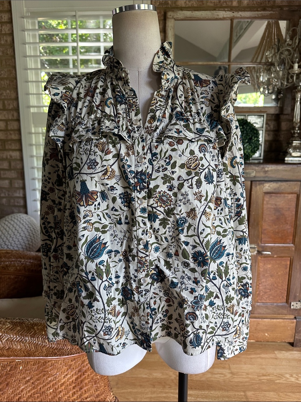 Tuckernuck Floral Ruffle Button-Front Blouse in Cream, Blue, Olive